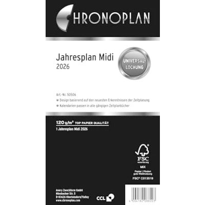 Abbildung von Chronoplan 50506 Kalendereinlage 2026 (Jahresplan Midi (96x172mm) Ersatzkalendarium für Terminplaner, übersichtliche Jahresplanung, 1 Monat auf Seite zum Aufklappen mit Leporello Falzung) weiß