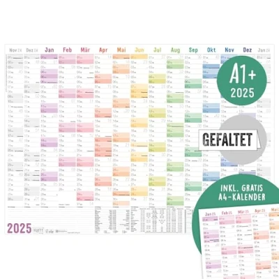 Abbildung von Häfft XXL Wandkalender 2025 groß A1+ (63 x 89 cm) &quot;Rainbow&quot; 15 Monate Nov 2024 Jan 2026 + gratis A4 Jahresplaner, Wandplaner Jahreskalender gefalzt nachhaltig &amp; klimafreundlich