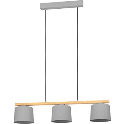 Abbildung von EGLO Pendelleuchte Esstisch Mariel, 3 flammige Hängelampe für Wohnzimmer und Esszimmer, Esszimmerlampe aus Metall in grau Holz Natur, FSC100HB, Lampe hängend mit E27 Fassung
