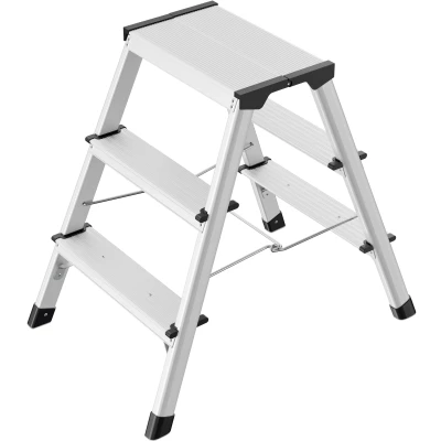 Abbildung von Hailo D60 StandardLine Alu Klapptritt Leiter 2x3 Stufen belastbar bis 150 kg Trittleiter mit Klappsperre Füße Soft Grip Sohle platzsparend zusammenklappbar Aluleiter rostfrei Silber