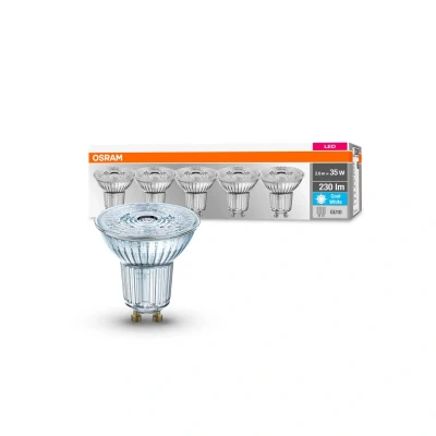 Abbildung von OSRAM LED Base PAR16, Sockel: GU10, Nicht Dimmbar, Kaltweiß, Ersetzt eine herkömmliche 35 Watt Lampe, 36 Grad Abstrahlwinkel, 5 er Pack
