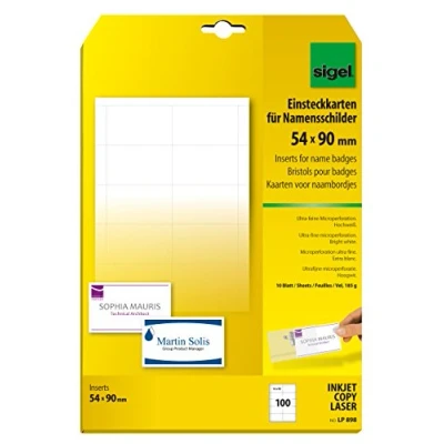 Abbildung von SIGEL LP898 Einsteckkarten für Namensschilder weiß, 54x90 mm (A4), 100 Stück, Beschriftungsschilder, mit ultra feiner Mikroperforation