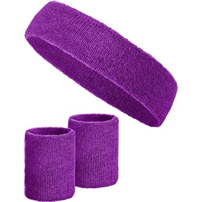 Abbildung von 3 teiliges Schweißband Set mit 2X Schweißbändern für die Handgelenke + 1x Stirnband Damen &amp; Herren (Lila)
