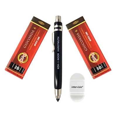 Abbildung von Koh I Noor 5359 Mechanischer Fallminenstift 5,6 mm Metallminenhalter mit Graphitminen Set 4865 2B und 6B intervisio Bleistiftspitzer Radiergummi für Schule Schriftsteller Künstler