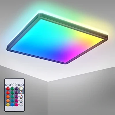 Abbildung von B.K.Licht LED Deckenlampe mit indirektem Licht, Fernbedienung, buntes RGB+W Panel, Deckenleuchte, Lampe, Wohnzimmerlampe, Schlafzimmerlampe, Küchenlampe, 29x29x3 cm, Schwarz