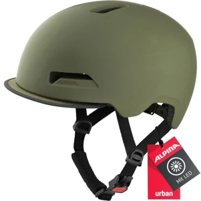 Abbildung von ALPINA BROOKLYN Beleuchteter, Robuster und Komfortabler Urban Fahrradhelm Mit LED Licht Für Erwachsene, olive matt, 57 62 cm