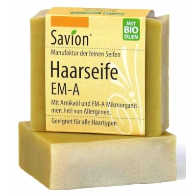 Abbildung von Savion Haarseife EM A 85g effektive Mikroorganismen für alle Haartypen Vegan &amp; Palmölfrei sowie Plastikfrei UNGEDUFTET geeignet bei gereizter oder juckender Kopfhaut Made in Germany