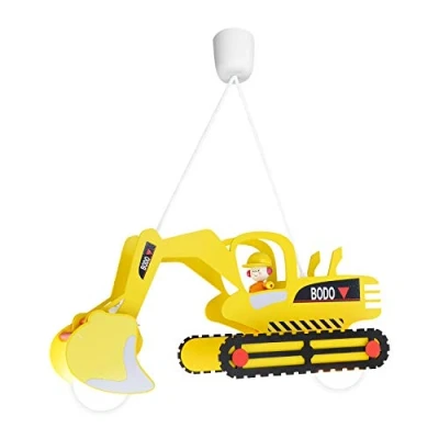 Abbildung von Elobra Hängelampe Kinderzimmer &#039;Bagger&#039; Hochwertige Kinderzimmerlampe für Jungen, Bagger Lampe, Pendelleuchte, 60 x 25 cm, Handarbeit, Gelb