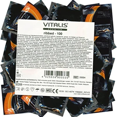 Abbildung von VITALIS 100 Kondome Pack Gerippt mit Riefen I Nennbreite 52 mm Gefühlsechte Gerippte Premium Gleitmittel auf Silikonbasis Hauchzarte strukturierte