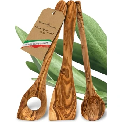 Abbildung von Schwertkrone Olivenholz Kochlöffel Set aus Italien antibakteriell &amp; hitzebeständig Holz Pfannenwender