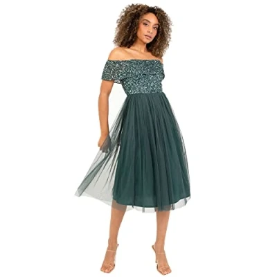Abbildung von Maya Deluxe Damen Ladies Bardot Dresses For Women Midi High Empire Waist Sequins Embellished Formal Evenin Brautjungfernkleid, Emerald Green, 38 EU