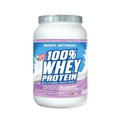 Abbildung von Body Attack 100% Whey Protein Blueberry Cheesecake 900 g Made in Germany Extra cremiges Eiweißpulver mit Hydrolysat &amp; BCAA&#039;s, unterstützt Muskelaufbau und Diäten Für Sportler Athleten
