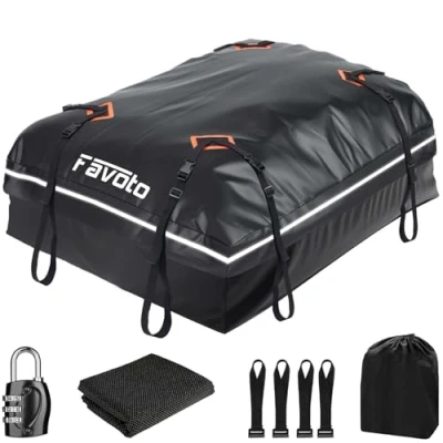 Abbildung von Favoto Dachtasche 566L Faltbarer Dachbox Dachkoffer wasserdicht mit Antirutschmatte Türhaken Verstärkungsgurte für PKW Autos SUVS mit/ohne Gepäckträger Reisen Gepäcktransport Schwarz
