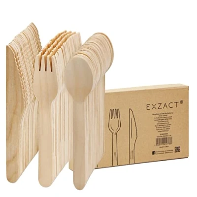 Abbildung von EXZACT Einwegbesteck aus Holz, 150 Stück, recycelbar, Partygabeln und Löffel, Camping, Reisen Grillen, stark,