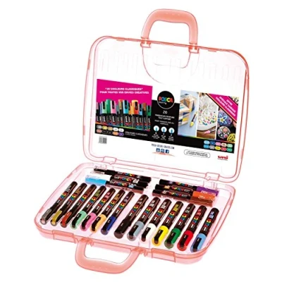 Abbildung von uni ball 186817 POSCA Marker Malkoffer Klassik mit 20 Acrylstiften, für viele Oberflächen geeignet, verschiedene Spitzen und Farben