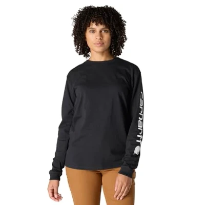 Abbildung von Carhartt Damen Loose Fit, schweres, langärmliges T Shirt mit Logo Grafik auf dem Ärmel, Schwarz, XS