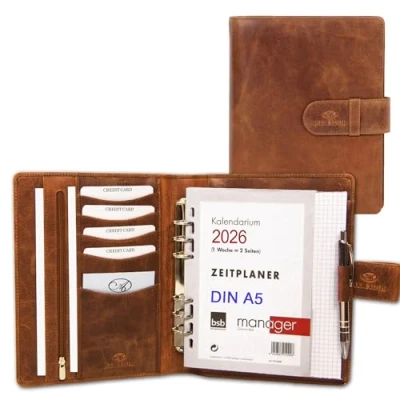 Abbildung von ALMADIH Leder A5 Terminplaner mit Kalender 2025 Schreibblock Premium Rindsleder BD Ledermappe Mappe Schreibmappe Organizer Terminkalender Ringbuchmappe Aktenmappe Konferenzmappe (braun deluxe)