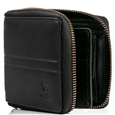 Abbildung von MATADOR RFID NFC Schutz Geldbörse Herren Leder Geldtasche Portemonnaie mit YKK Metall Reißverschluss Portmonee Männer Geschenk Box Herrenbörse Reissverschluss Nappa Schwarz
