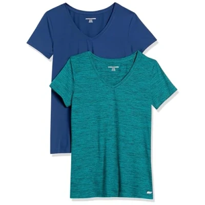 Abbildung von Amazon Essentials Damen Leichtes V Ausschnitt T Shirt Mit Kurzen Ärmeln und Schnelltrocknendem Funktionsstretch (Auch In Plus Size Erhältlich), 2er Pack, Blau/Blaugrün Space dye, L