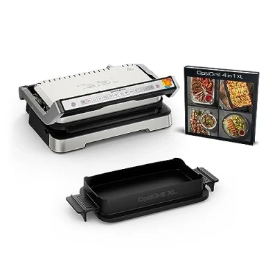 Abbildung von Tefal OptiGrill 4in1 XL Kontaktgrill mit Backschale, Aufklappbar, Tischgrill, 12 Programme, Garstufenanzeige, Elektrogrill, Backofen, GC784D10, Silber