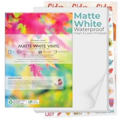 Abbildung von Evergreen Goods 10 Blatt Mattes, Weißes, Bedruckbare Klebeetiketten Papier Vinyl Sticker Paper für Tintenstrahl und Laserdrucker Wasserfestes zur Verwendung Etiketten Aufkleber