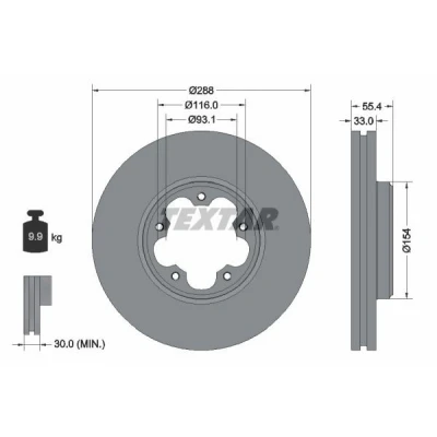Abbildung von TEXTAR 92320303 Bremsscheibe 288 33 05/05 116 innenbelüftet beschichtet ohne Radlager, Radbefestigungsbolzen, Radnabe FORD: Transit V363 Van