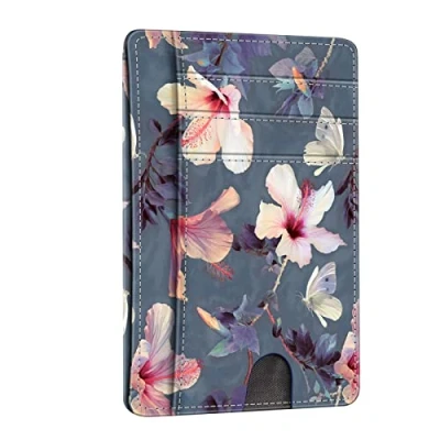 Abbildung von Fintie Flache Geldbörse Kartenetui, Premium Kunstleder RFID Blocker Slim Geldbeutel Kreditkartenetui mit ID Fenster und Schnellzugriff Fach für Herren Damen, Blühender Hibiskus