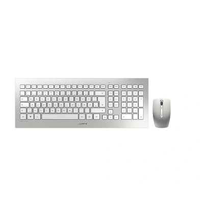 Abbildung von CHERRY DW 8000, kabelloses Tastatur und Maus Set, Schweizer Layout (QWERTZ), batteriebetrieben, ultraflache Tastatur, 3 Tasten mit Infrarotsensor, Weiß Silber