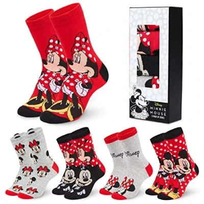 Abbildung von Disney Bunte Socken, 5er Pack Damen Socken mit Beliebten Charakteren, Weiche und Atmungsaktive Schuhe, Niedlich Lustige für Teens Frauen, Grey/Red Mickey and Minnie
