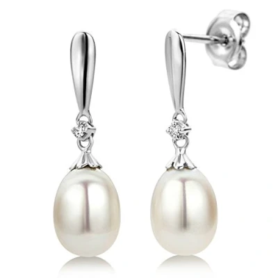 Abbildung von Miore Damen Ohrringe 9 Karat Edle Perlen aus 375 Weißgold mit weißer Süßwasserzuchtperle und 0,02 ct. Diamant hängend 7 x 22 mm