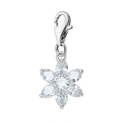 Abbildung von Quiges Charm Anhänger Kristall Weiß Zirkonia Blume April Geburtsstein 925 Silber mit Karabinerverschluss für Bettelarmband