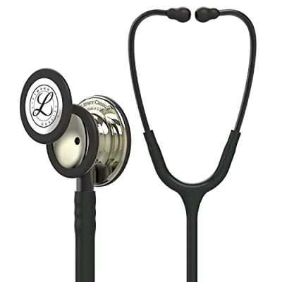Abbildung von 3M Littmann Classic III Stethoskop zur Überwachung, 5861, champagnerfarbenes Bruststück, schwarzer Schlauch, Schlauchanschluss und Ohrbügel in Rauchfarben, 69 cm