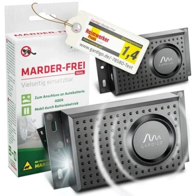 Abbildung von Gardigo® Marder Frei Dual 2er Set Marderschreck Auto 25 Jahre Erfahrung mit Marderabwehr für KFZ Haus Garage Ultraschall und Blitzlicht Anschluss an 12V Autobatterie oder Batteriebetrieb