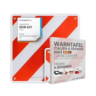 Abbildung von PLANGER® Warntafel Italien und Spanien (Schild + Gepäckspanner) 2in1 (50 x 50 cm) Reflektierendes Warnschild rot weiß für Heckträger u Fahrradträger