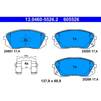 Abbildung von ATE 13.0460 5526.2 Bremsbelagsatz mit akustischer Verschleißwarnung Zubehör HYUNDAI: Tucson, Kona SUV, Tucson Box Body / KIA: Sportage IV