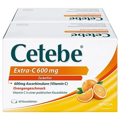 Abbildung von Cetebe Extra C 600 mg Nahrungsergänzungsmittel mit hochdosiertem Vitamin C, Ascorbinsäure Orangengeschmack 1 x 120 Kautabletten