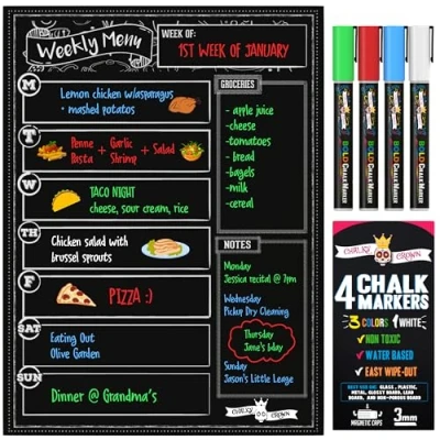 Abbildung von Chalky Crown Wochenplaner Abwischbar Magnetische Menütafel für den Kühlschrank mit 4 Flüssigkreidemarkern Wöchentlicher Planer, Einkaufsliste, Notizblock Küche