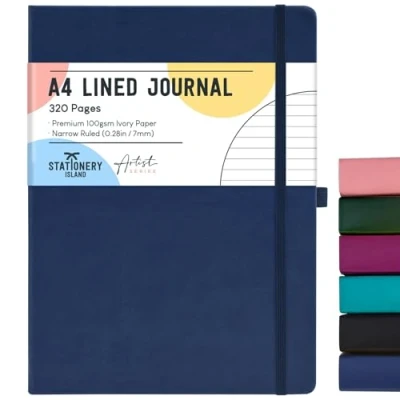 Abbildung von STATIONERY ISLAND A4 liniertes Notizbuch, 320 Seiten dickes Tagebuch, Hardcover mit 100 g/m² zum Schreiben, Arbeiten, Lernen, Blaubeere
