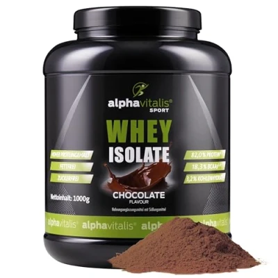 Abbildung von Whey Protein Pulver Isolate 1KG 80% Proteingehalt Eiweißpulver zuckerfrei &amp; fettfrei 100% ohne Aspartam oder Cyclamat WPI Muskelaufbau Shake in 7 Geschmäcker (Schoko)