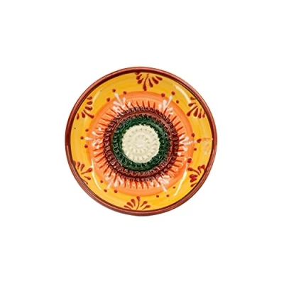 Abbildung von Kaladia Keramik Reibeteller/Keramikhobel ideal für Ingwer, Parmesan etc. Motiv: Orange, Gelb &amp; Grün Durchmesser: 12 cm handgemacht handbemalt Made in Spain