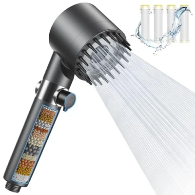 Abbildung von Duschkopf mit Filter in 15 Schichten, 3 Strahlarten Duschbrause Stoppfunktion, Hochdruck Brausekopf Rund Dusche Wassersparend Shower Head, Duschköpfe Handbrause für Entfernen vom harten Wasser