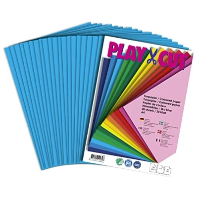 Abbildung von PLAY CUT Tonpapier A4 Himmelblau (130g/m2) 20 Bogen Din Papier zum Basteln Drucken Dickes Bedruckbares Bastelpapier Set und Druckerpapier Premium Tonzeichenpapier &amp; Craft Paper