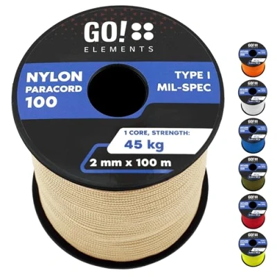 Abbildung von GO!elements 100m Paracord 2mm Seil aus reißfester Nylonschnur 100 Typ I Survival Schnur Reißfest bis 45kg geeignet als Allzweckseil, Reepschnur, Kordel, Maurerschnur, Farbe: Sand