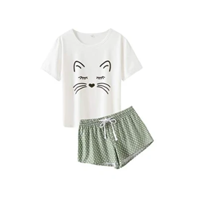 Abbildung von MyFav Damen Pyjamas Schlafanzug Bequem Stilvoll Katze Cartoon gedruckt Nachtwäsche,Grün, XX Large
