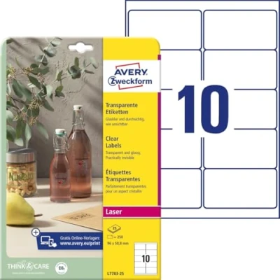 Abbildung von AVERY Zweckform L7783 25 transparente Etiketten (250 Klebeetiketten, 96x50,8mm auf A4, selbstklebend, Aufkleber zum Bedrucken, wetterfest, Beschriftungen/Produktaufkleber) Blatt, durchsichtig