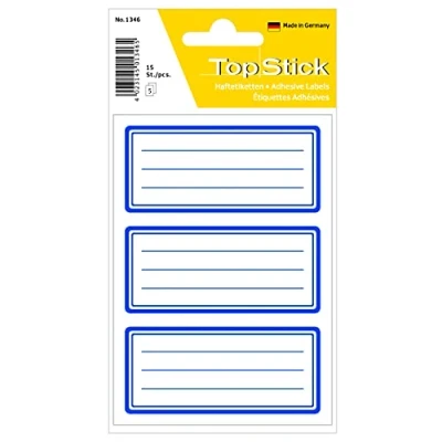 Abbildung von TopStick 1346 Buchetiketten zum Beschriften neutral blauer Rand, 15 Stück, 76 x 35 mm, selbstklebend, liniert, Buchaufkleber für Schule Kinder Mädchen Jungen, blanko Heftetiketten Aufkleber, weiß
