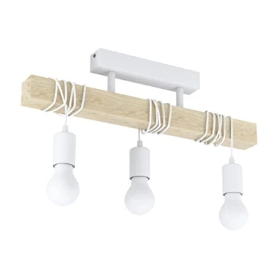 Abbildung von EGLO Deckenlampe Townshend, 3 flammige Vintage Deckenleuchte im Industrial Design, Retro Pendelleuchte aus Stahl und Holz, Farbe: Weiß, braun, Fassung: E27