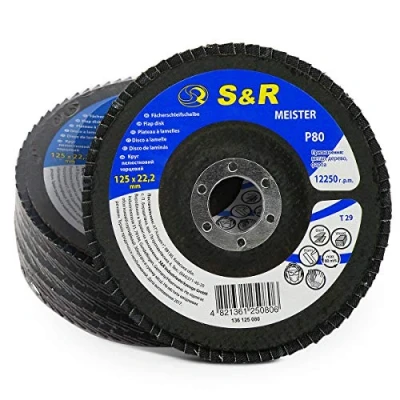 Abbildung von S&amp;R Fächerschleifscheiben Set 5 teilig für Winkelschleifer Körnung 80, 125 x 22,2 mm, Schleifscheiben, Lamellenscheiben, Schruppscheiben, Fächerscheiben, zum schleifen von Holz, Metall, Stahl