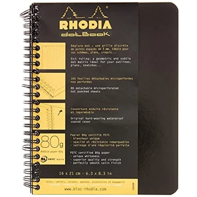 Abbildung von Rhodia 193439C Notizheft / Notebook mit Doppelspirale DIN A5+ 16x21cm 80 Blatt Dot Lineatur 80g, abtrennbar und mikroperforiert, Schwarz, 1 Stück