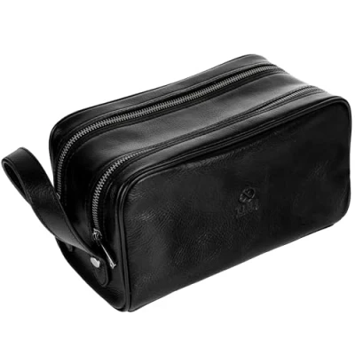 Abbildung von Kulturbeutel Leder Herren Kosmetikbeutel Waschtasche für Männer 100% Echtleder Hochwertige Kosmetiktasche Mann Time Resistance Blau